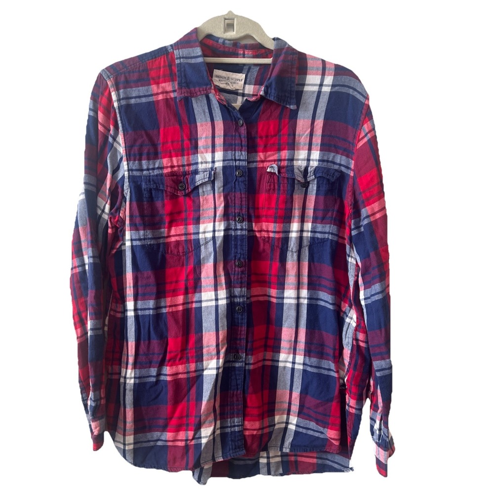 Ralph Lauren Denim&Supply Button-Up Shirt Women L Plaid Long Sleeve Red Blue EUC